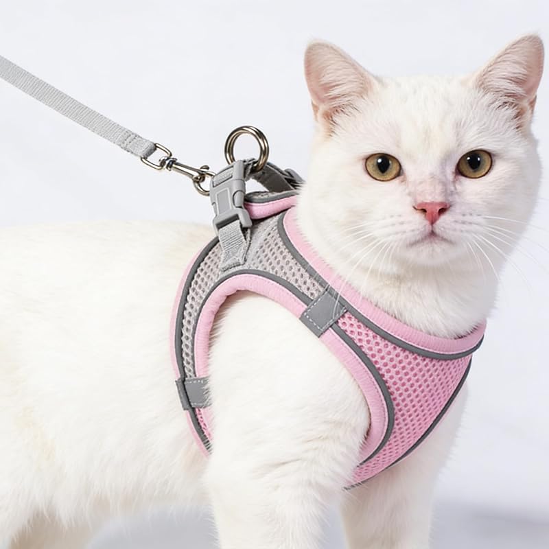Peitoral para Gatos YINANLIN em Mesh Respirável com Faixas Refletivas e Guia Rosa