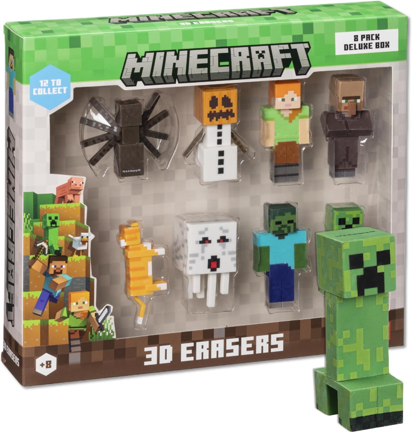 Mine Craft 3D Erasers, 8-Pack Deluxe Collector Set, 12 Iconic Characters to Collect, Own The Entire Series (Alex - Spider - CAT - Creeper - Snow Golem - Zombie - Villager - CAT)