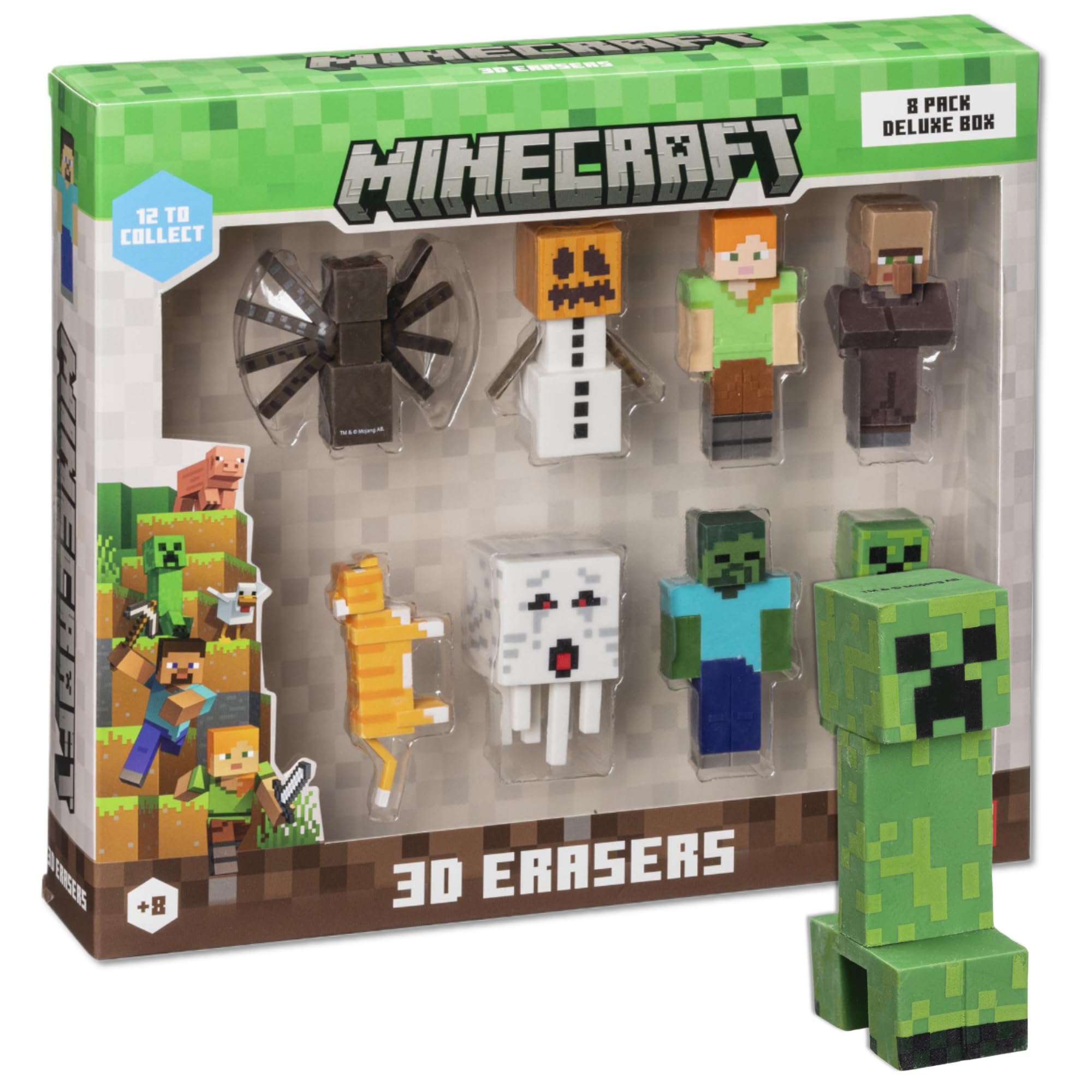 Mine Craft 3D Erasers, 8-Pack Deluxe Collector Set, 12 Iconic Characters to Collect, Own The Entire Series (Alex - Spider - CAT - Creeper - Snow Golem