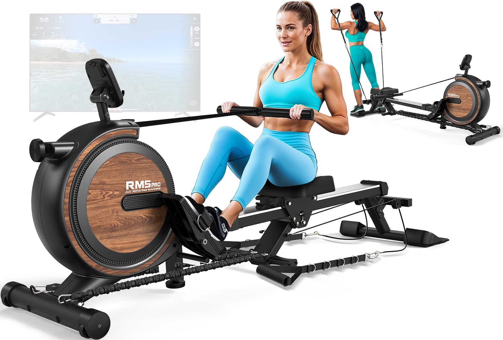 Vogatore per casa con resistenza magnetica regolabile, vogatori con computer di bordo Bluetooth, portata 170 kg RM5PRO Rowing Machine Multi-function