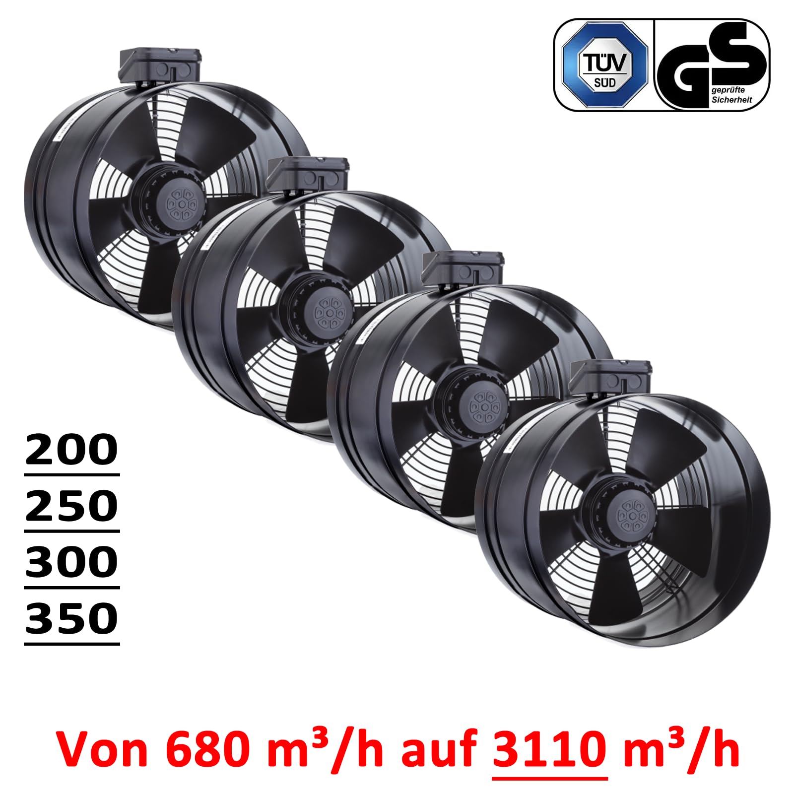 BORAX Power Axial Turbo Rohrventilator Zu-Abluft Rohrlüfter Axiallüfter Gebläse Axialventilator 200mm 250mm 300mm 350mm mit Drehzahlregler - 5A Regler (200)