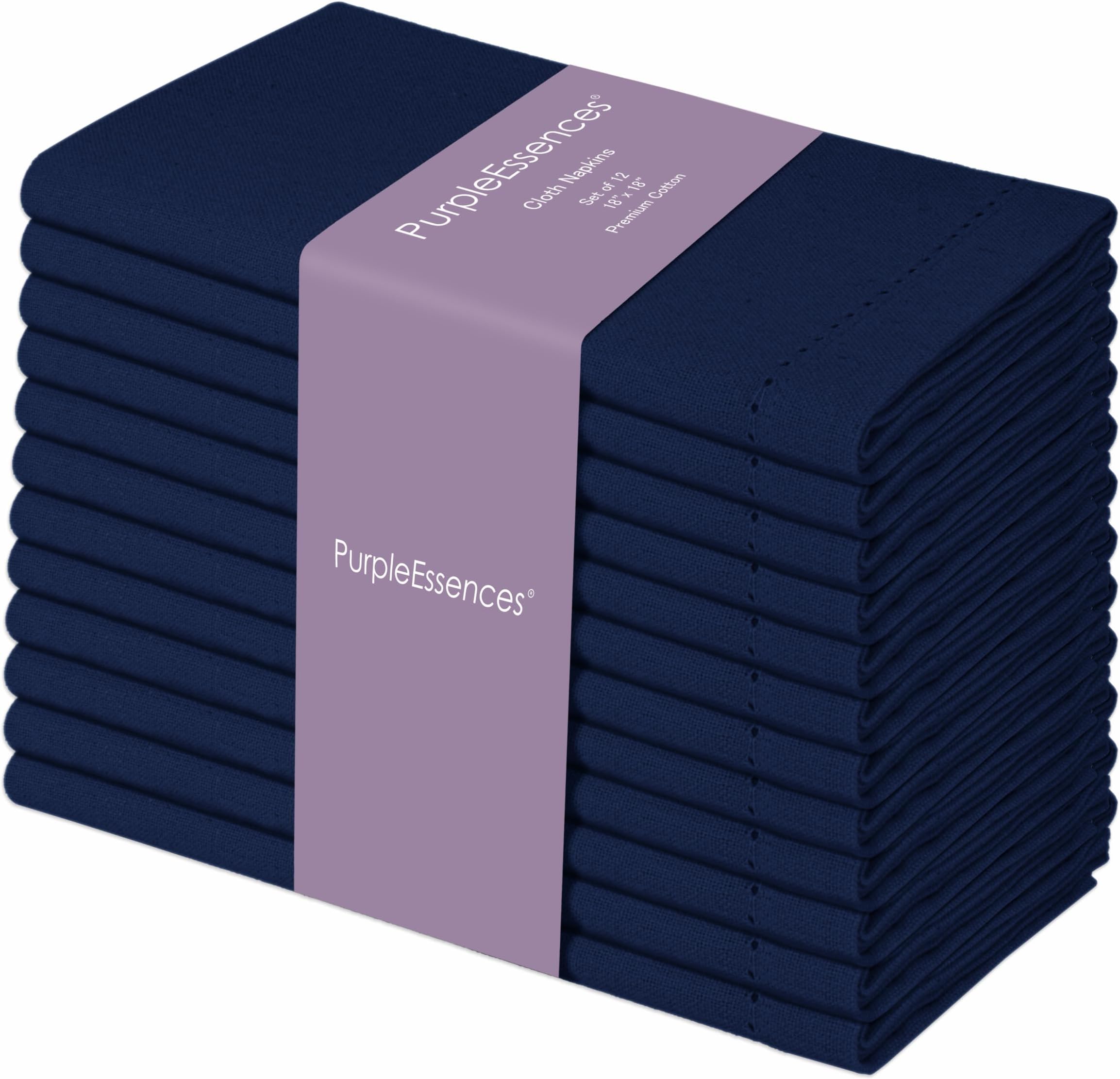 PurpleEssences Hemstitch Cloth Napkins 18x18 in Set of 12 - Navy Blue