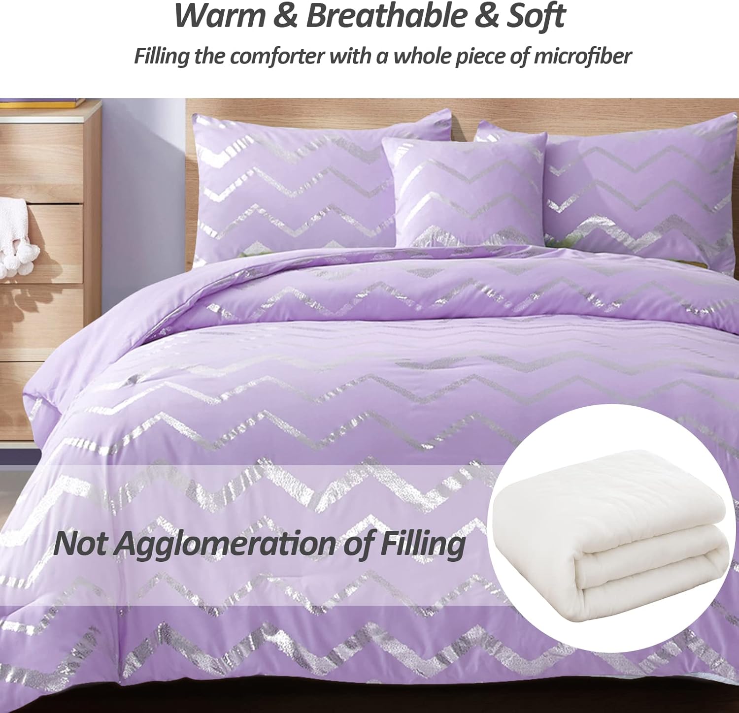 Menghomeus Purple/Silver Comforter Set Twin Lavender Metallic Print Glitter Bed Comforter Cute Shinny Bedding for Teen Girls Kids Women, 3 Piece (1 Pillowcase, 1 Decorative Pillow Sham)