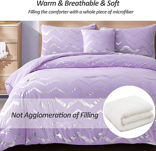 Miniatura 4 de Menghomeus Juego de edredón moradoplateado, tamaño King, juego de ropa de cama con estampado metálico lavanda con purpurina, bonito juego de ropa de