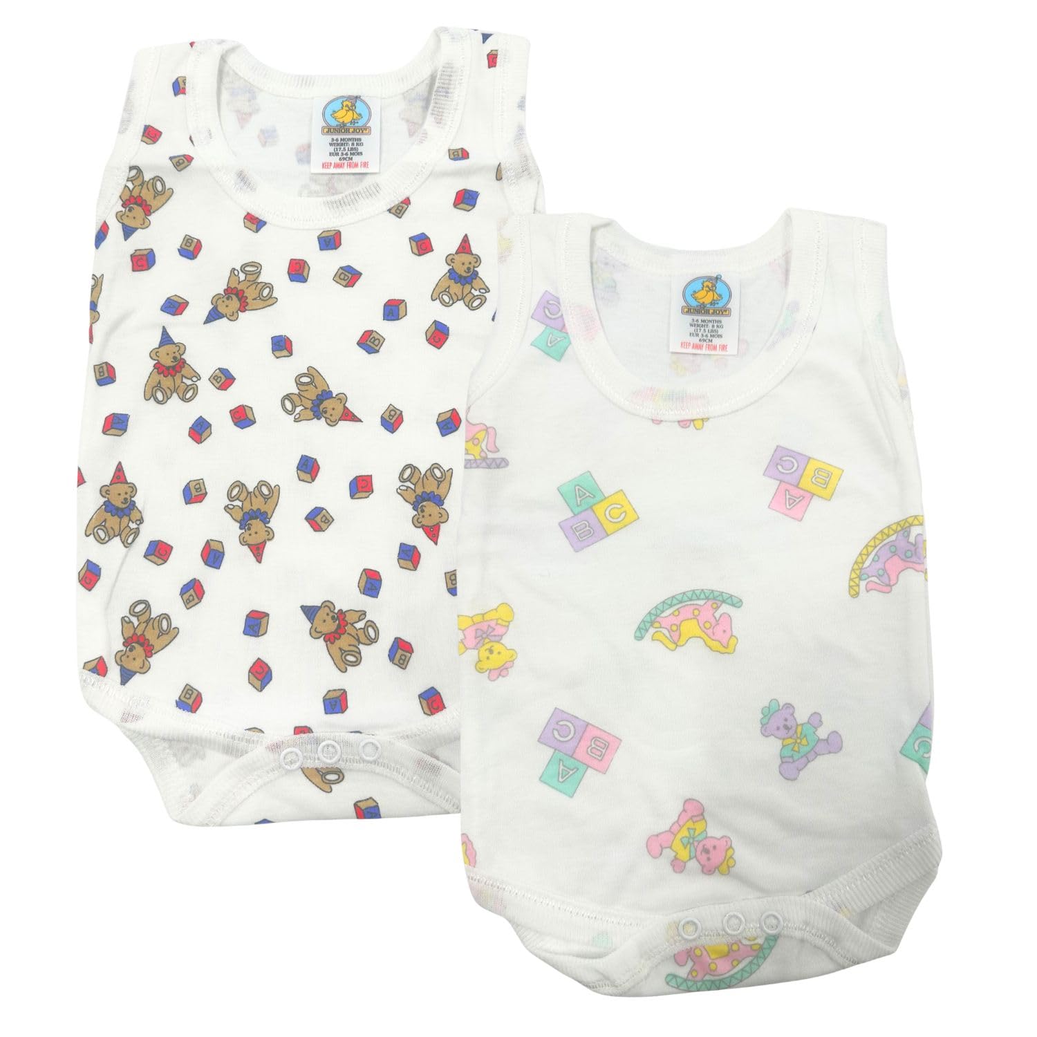 Junior Joy – 2 Pack Baby White Printed Bodysuits for Newborn 0–3 Months, Round Neck, Short Sleeves, 100% Cotton, Popper Fastening for Easy Nappy Changes