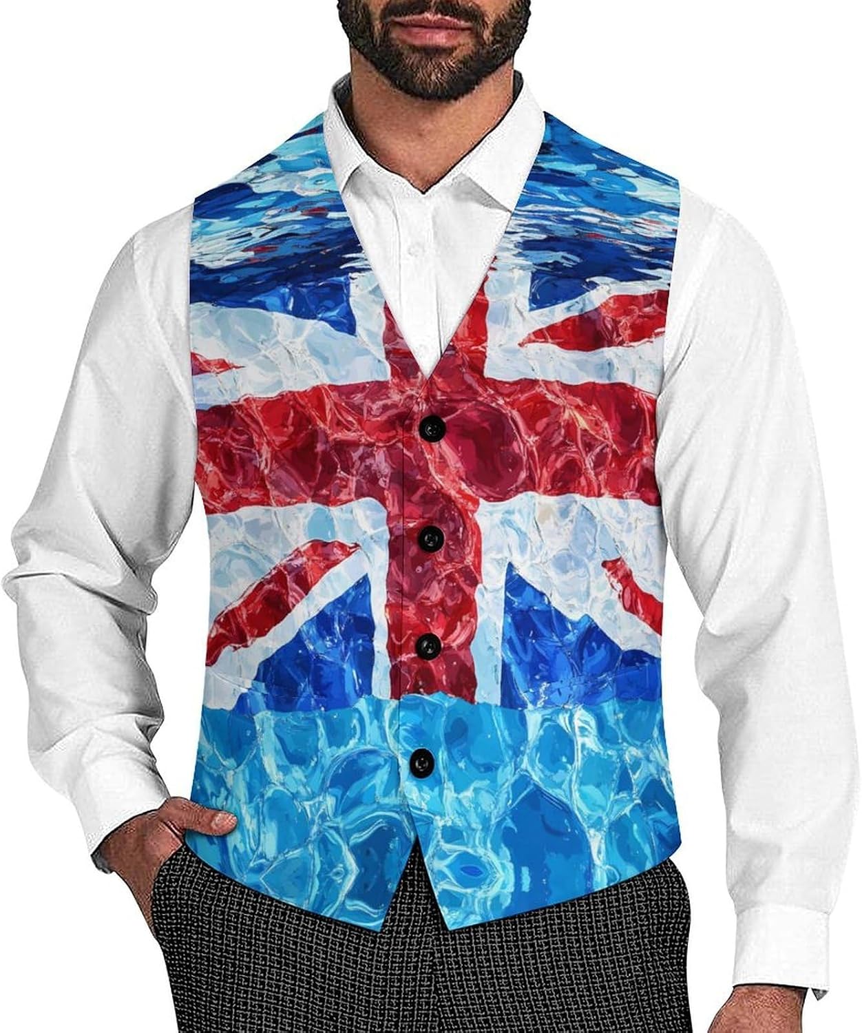 United Kingdom Flag in Water Suit Vest for Men Blazer Casual V-Neck Slim Fit Waistcoat