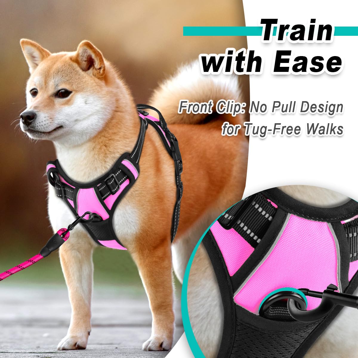 BARKBAY No Pull Pet Harness Dog Harness Adjustable Outdoor Pet Vest 3M Reflective Oxford Material Vest for PINK Dogs Easy Control for Small Medium Large Dogs (L) Large Pink image 1