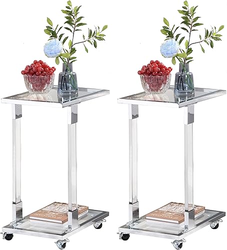 Miniatura 8 de Mesa auxiliar de cristal plateado, mesas auxiliares cromadas en forma de C con ruedas móviles, mesa acrílica, mesa C deslizante, debajo del sofá,