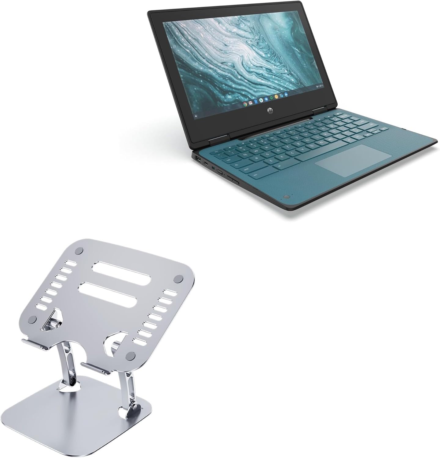 BoxWave Stand and Mount Compatible with HP Chromebook x360 11 G4 EE - Executive VersaView Stand, Ergonomic Adjustable Viewing Angle Metallic Riser - Metallic Silver