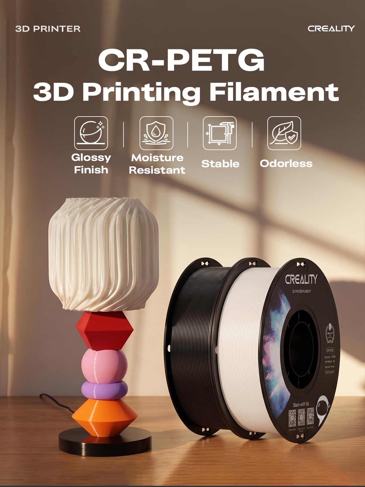 Creality Filamento CR-PETG de 1,75 mm para impresora 3D, excelente tenacidad, alta precisión, inodoro, no tóxico, resistente a la humedad, filamento PETG brillante para impresora 3D