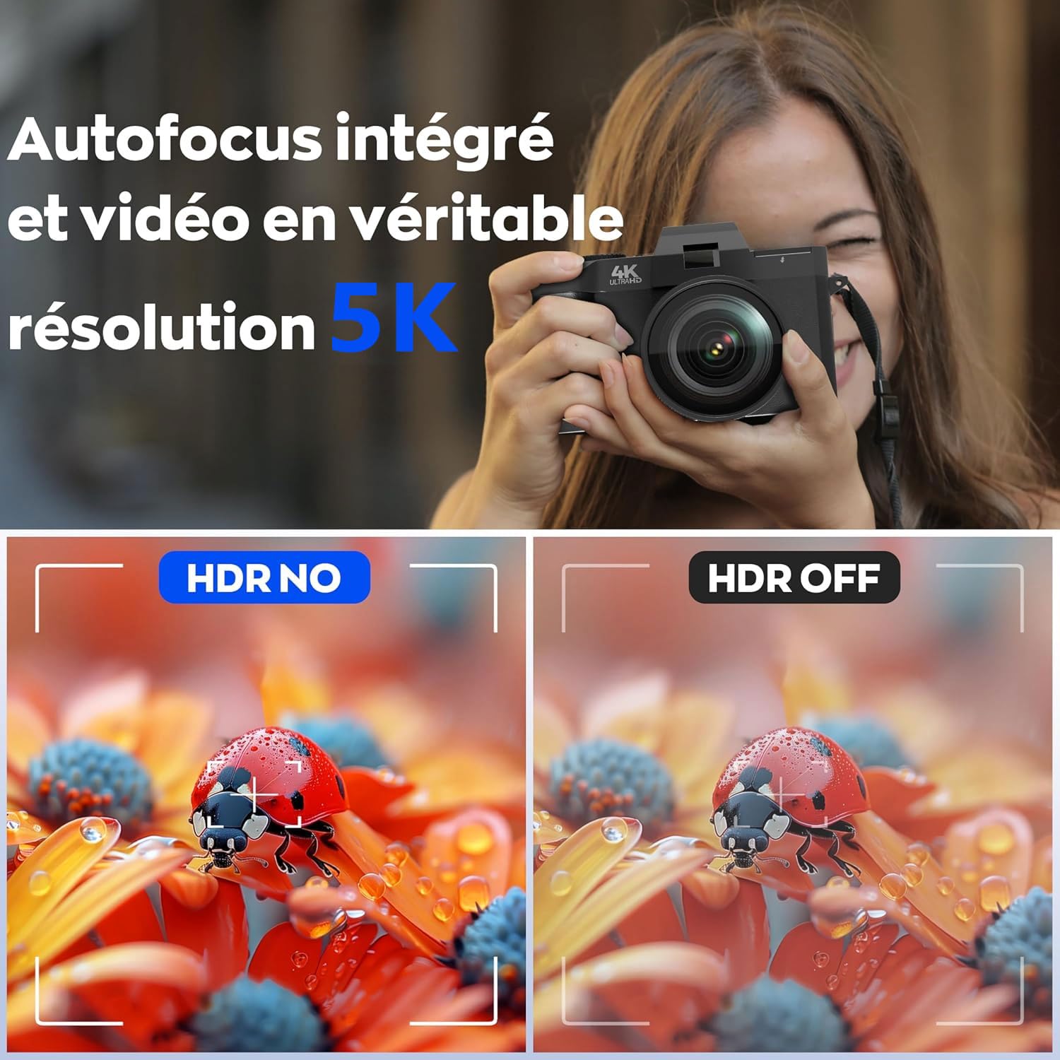 Appareil Photo Numérique 5K Ultra HD-64 MP Grand Angle, Écran orientable 180° 3 Pouces, Zoom numérique16x, Carte SD 32Go et 2 Batteries Li-ION, Léger et Portable pour Voyagexs et étudiants