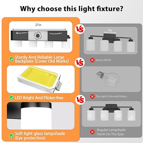 Miniatura 4 de Lámparas de baño de 4 luces, moderna lámpara LED de tocador con pantalla de vidrio blanco, lámparas de baño negro mate sobre espejo, para espejo,