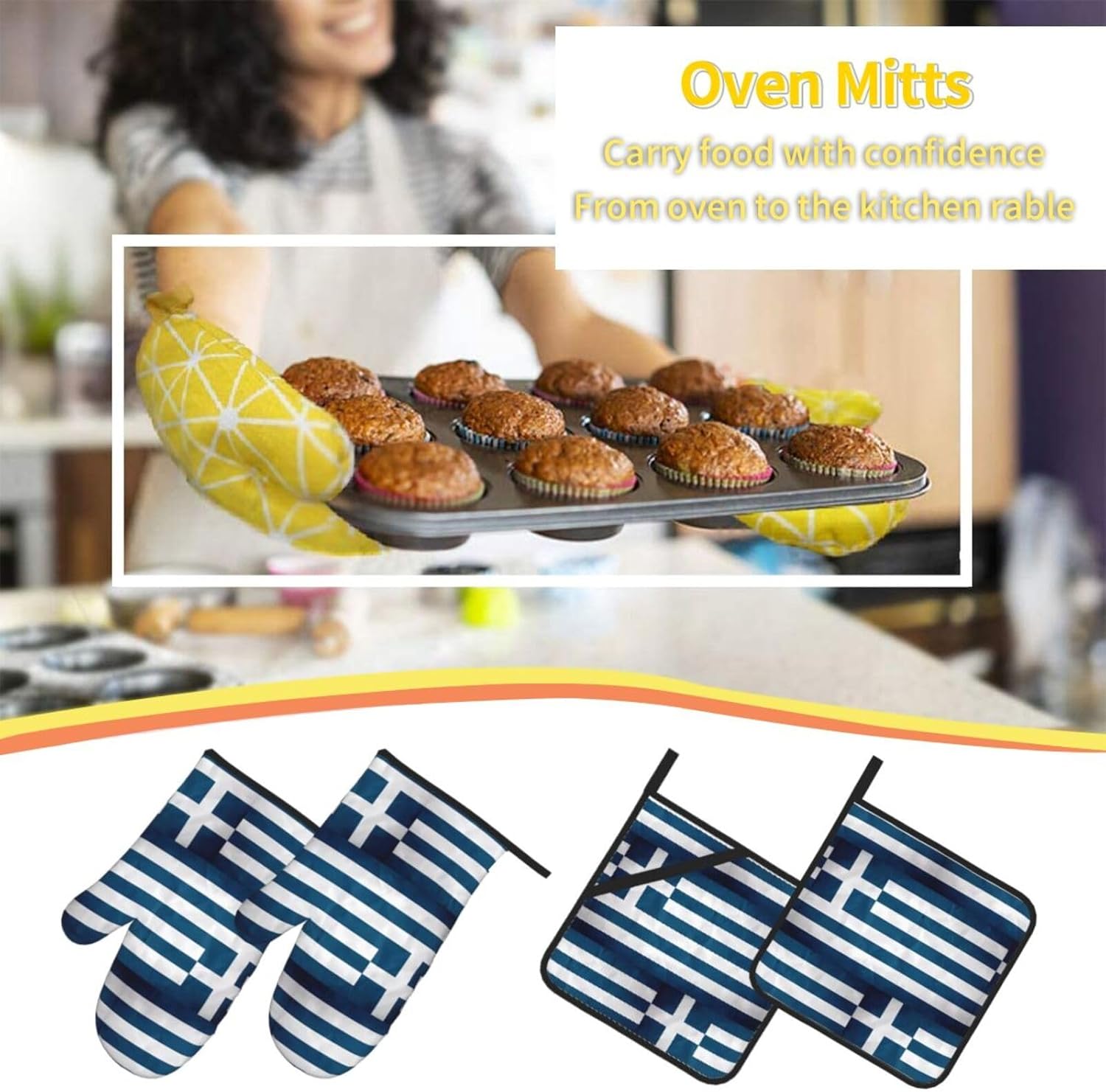 greek flag Oven gloves and heat-resistant mat 4-piece set. Suitable for grilling, microwave oven frying, and baking