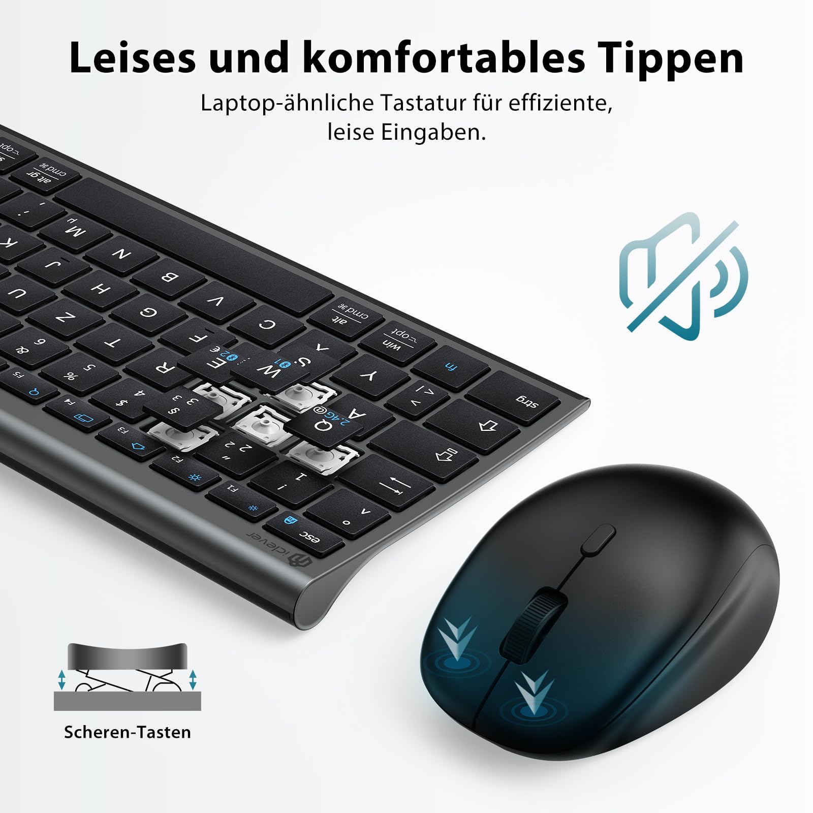 iClever Tastiera Bluetooth con mouse, set di mouse senza fili, doppia modalità ricaricabile (Bluetooth 5.0 + 2.4 G), tastiera wireless, per PC/laptop, layout QWERTZ, grigio