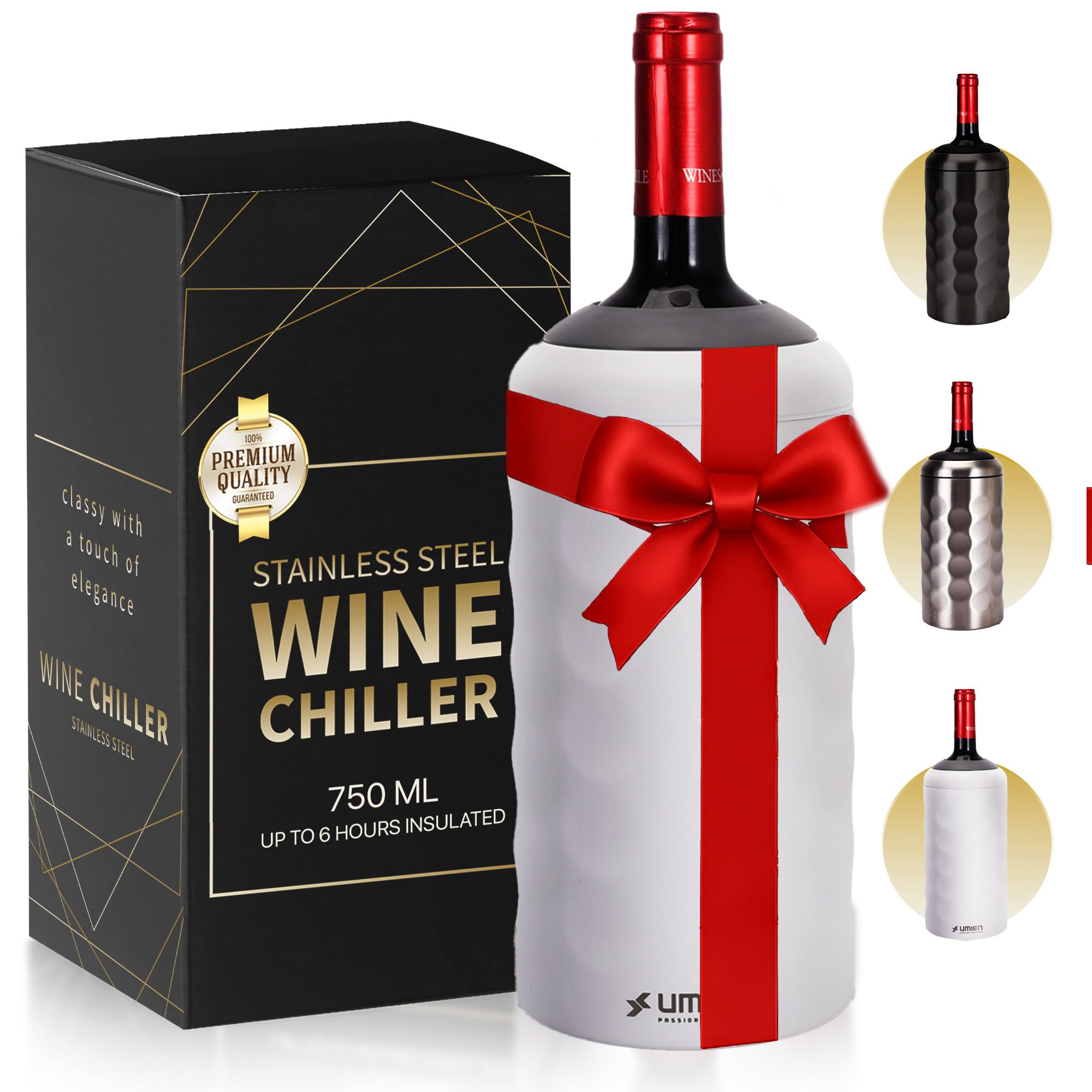 Premium Wine Chiller - 750ml Stainless Steel Wine Bottle Cooler, Vacuum Insulated & Double-Walled - Keeps Wine Cold for 6+ Hours - Champagne Chiller Sleeve for Most Bottles - White