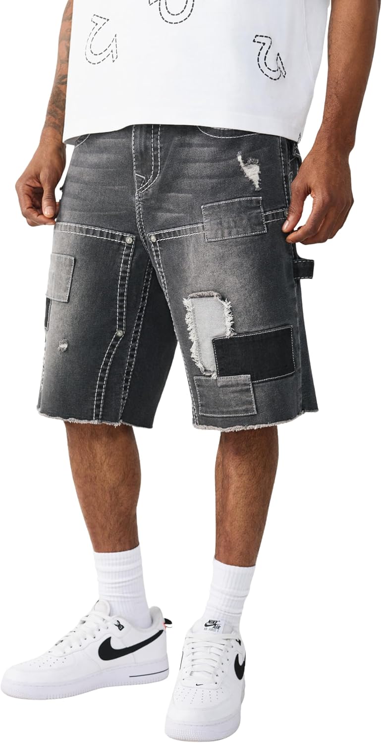 True Religion Men’s Vinny Big T Cargo Short – Frayed Baggy Fit, Cargo Pockets, Horseshoe Detailing