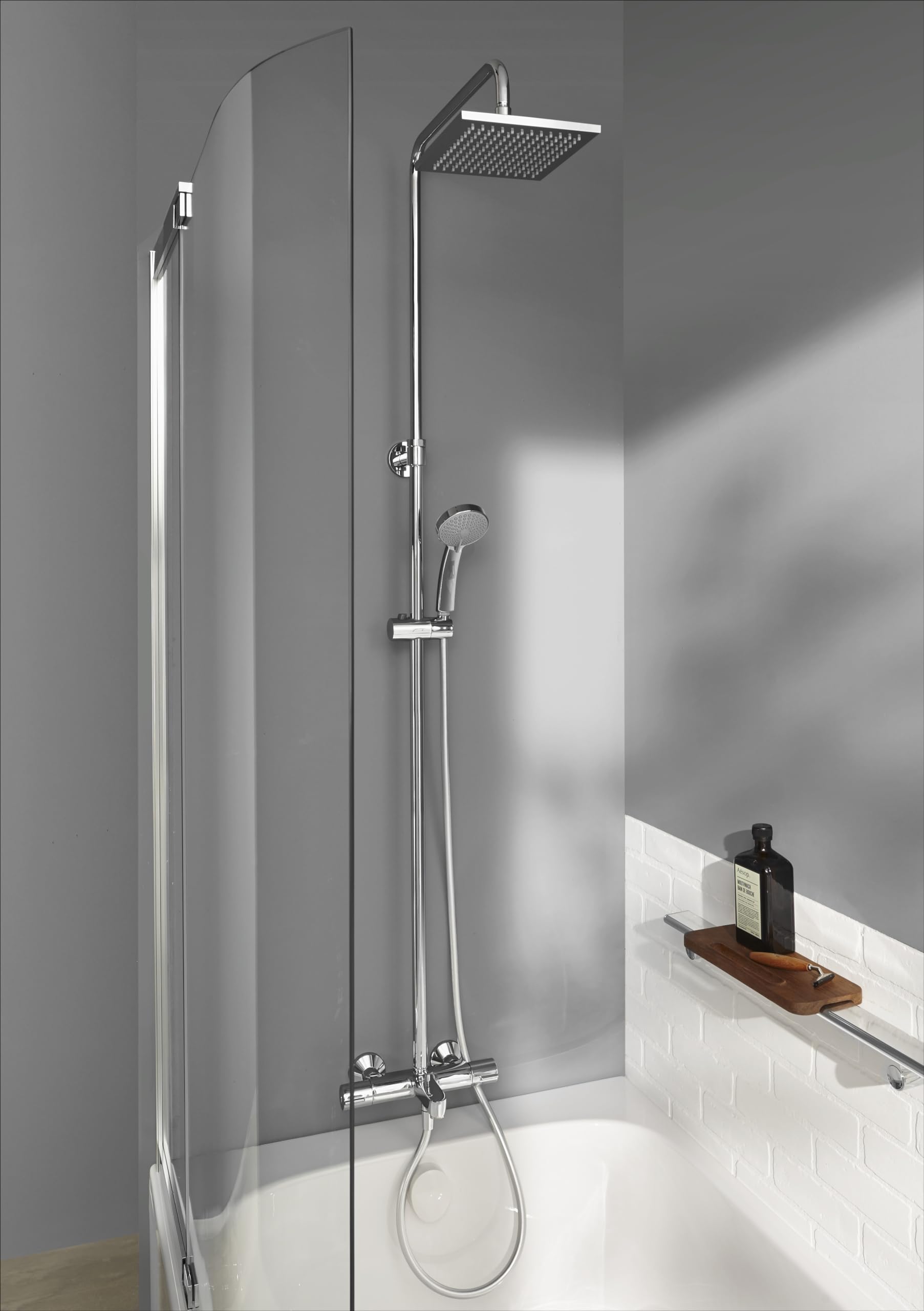 JACOB DELAFON Columna termostática de baño-ducha Cabezal cuadrado efecto lluvia Ducha de mano con 4 funciones Altura ajustable Latón Cromado JULY E78192-CP
