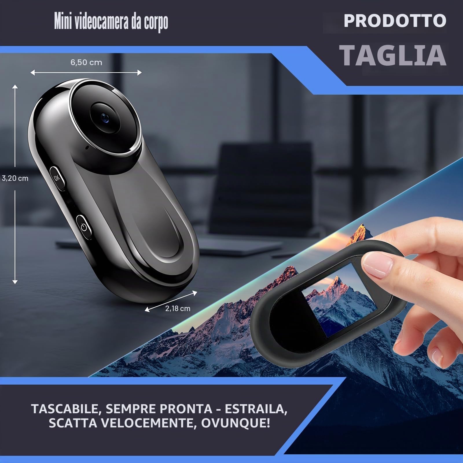 Mini Action Cam 1080P, Action Camera, fotocamera portatile con clip girevole a 360° e clip magnetica, mini K-Amera, piccola telecamera per il corpo, telecamera di sorveglianza per viaggi