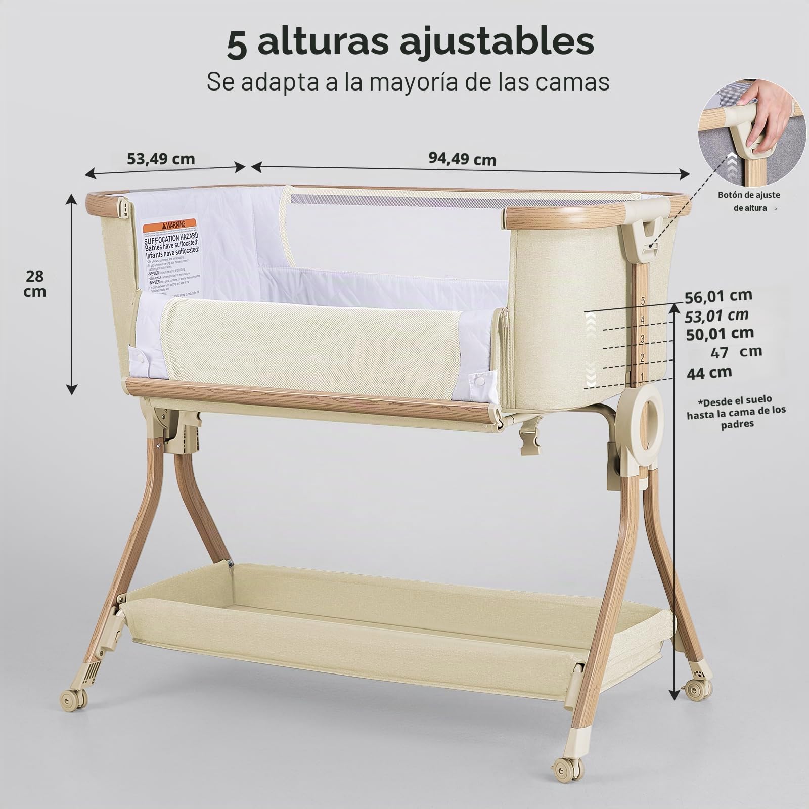 Larex Cuna Colecho para Bebé bassinet para recién nacido y bebé con mosquitera, bolsa y cesta de almacenamiento, 5 alturas ajustables,4 Ruedas con Freno, colchón transpirable y paredes de malla(Caqui)