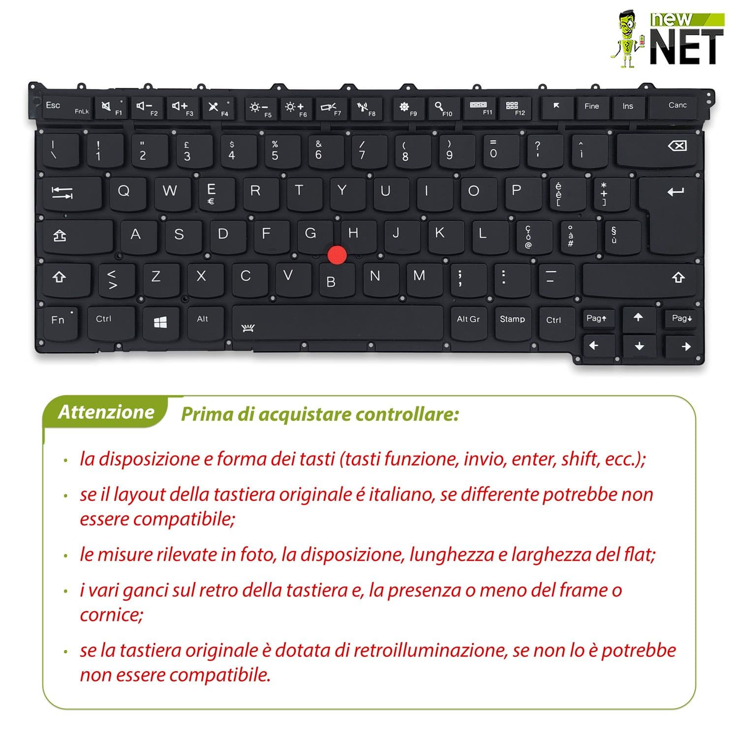 Tastiera compatibile Lenovo ThinkPad X1 Carbon Gen 3 Retroilluminata Layout ITA Nero