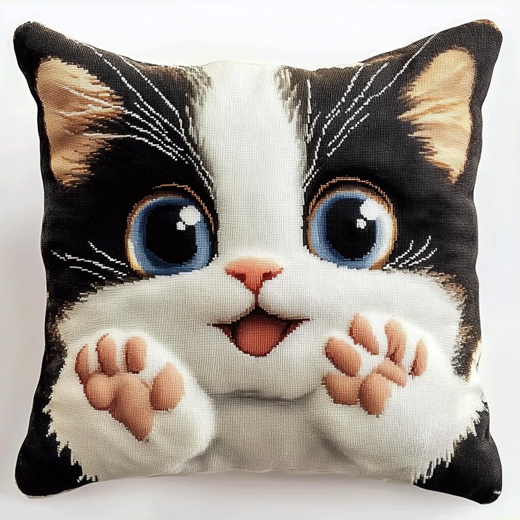 AMBATTERY Cross Stitch Pillow Kit, Animal Cat Printed Cross Stitch Cushion Embroidery Cushion Kits, Needlework Kit for Beginners 45X45cm