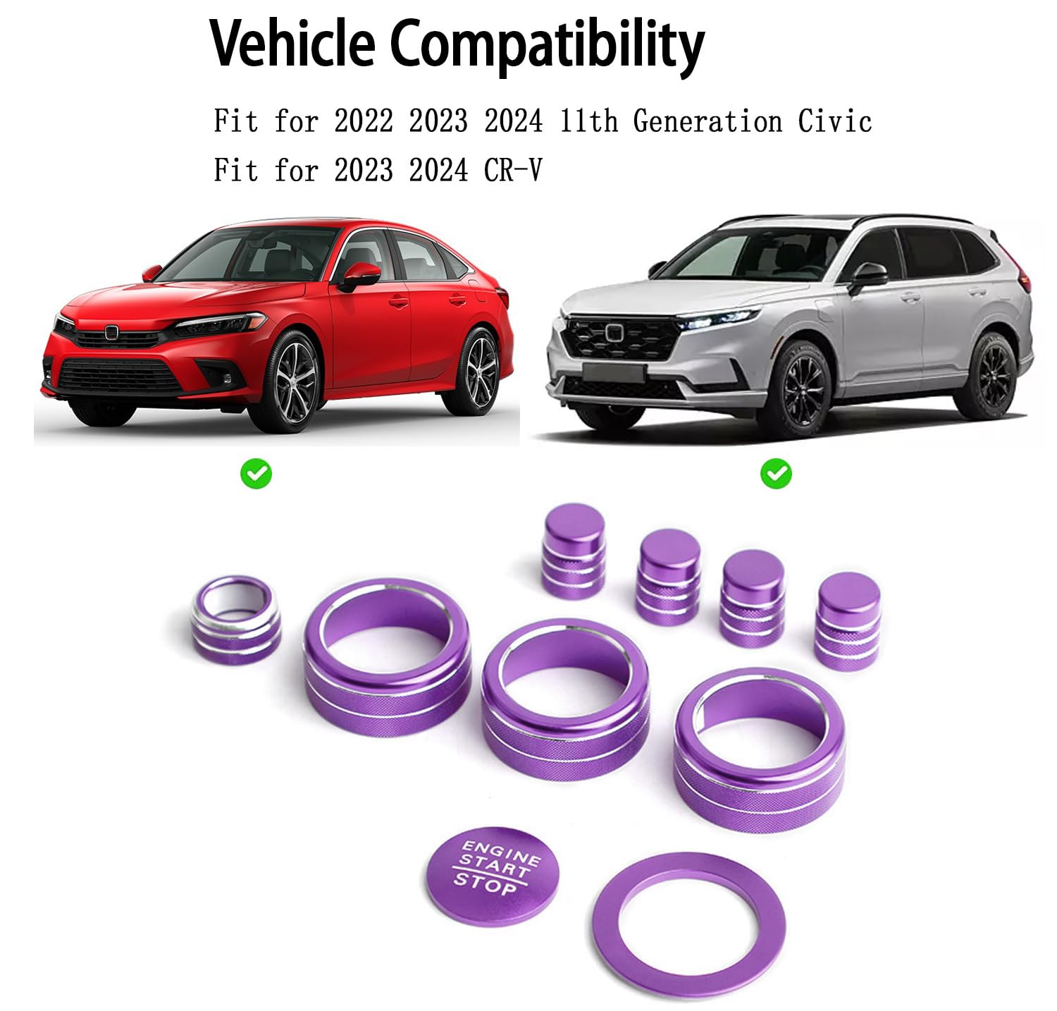 Mrtech for 11th Gen Civic Center Console Knob Covers, 10 Pieces AC Air Vent Ring Radio Switch Engine Start Button Cover Trim Kits Compatible with Honda Civic 2022-2024 / Honda CR-V 2023-2024 (Purple)