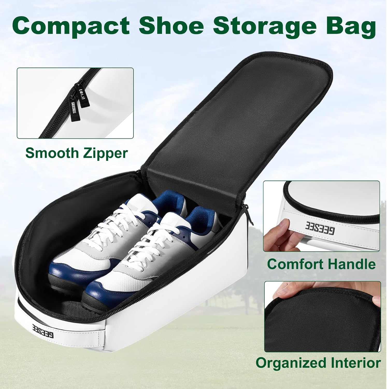 Premium PU Leather Golf Shoe Bag for Men & Women,Lightweight Golf Shoes Organizer with Smooth Full-Zip Opening, Travel Golf Shoe Bag with Handle (White)