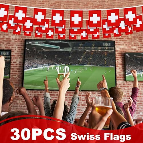 Miniatura 5 de Banderín de bandera de Suiza, mini banderas suizas, decoración nacional de país para escuela, fiesta, eventos deportivos, festival, 33 pies 30