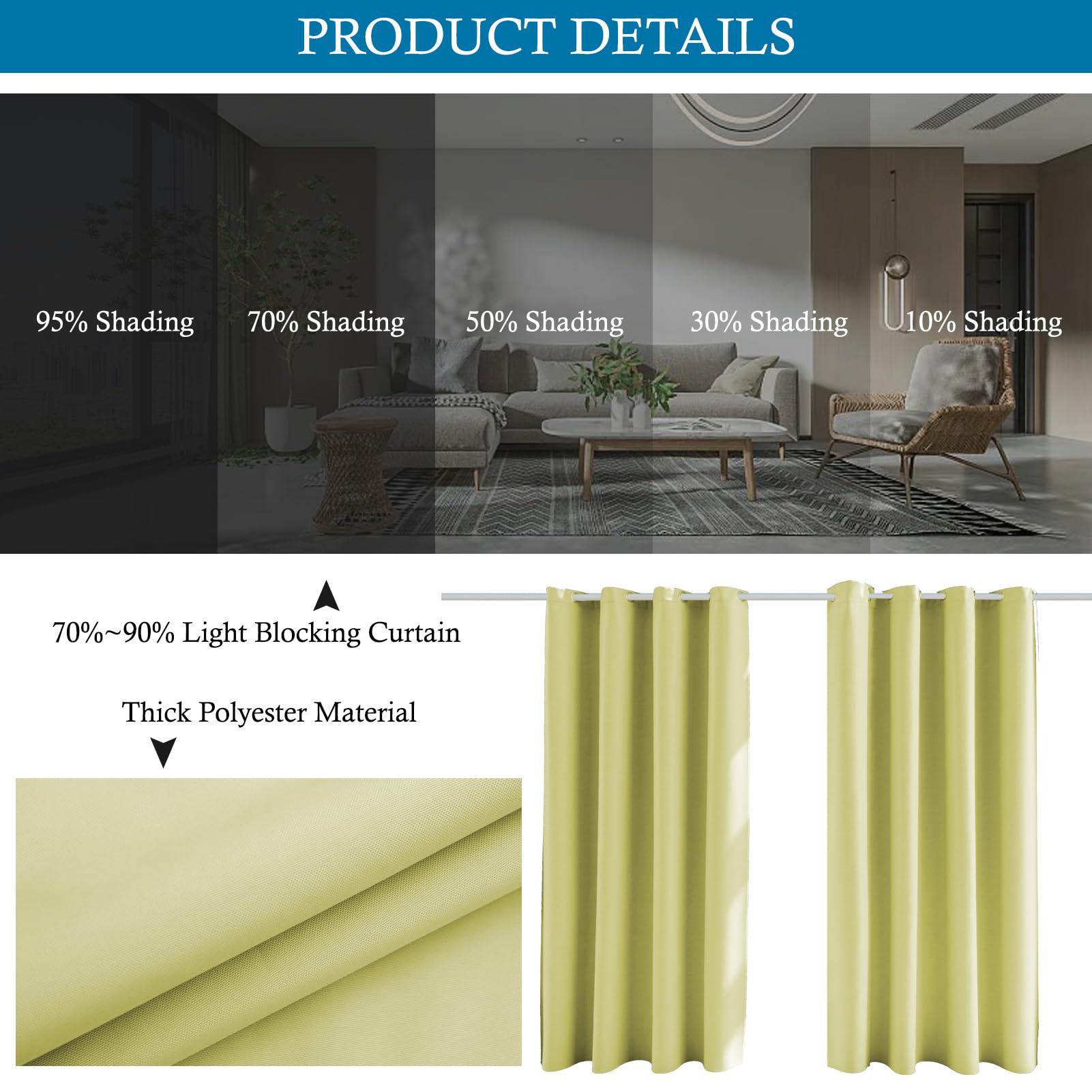 Lot de 2 rideaux d'extérieur imperméables avec œillets, protection contre les intempéries, pare-soleil pour intérieur/extérieur, balcon (140 x 260 cm, beige clair)
