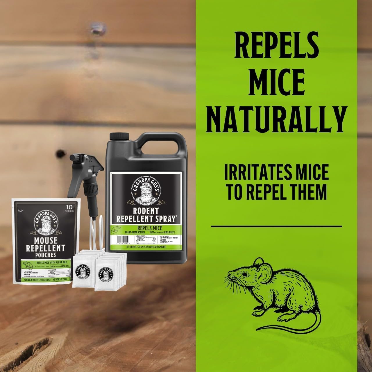 Grandpa Gus's Rodent Repellent Spray with Sprayer (1 Gallon) Bundled with Extra-Strength Mouse Repellent Pouches (10 Pouches)