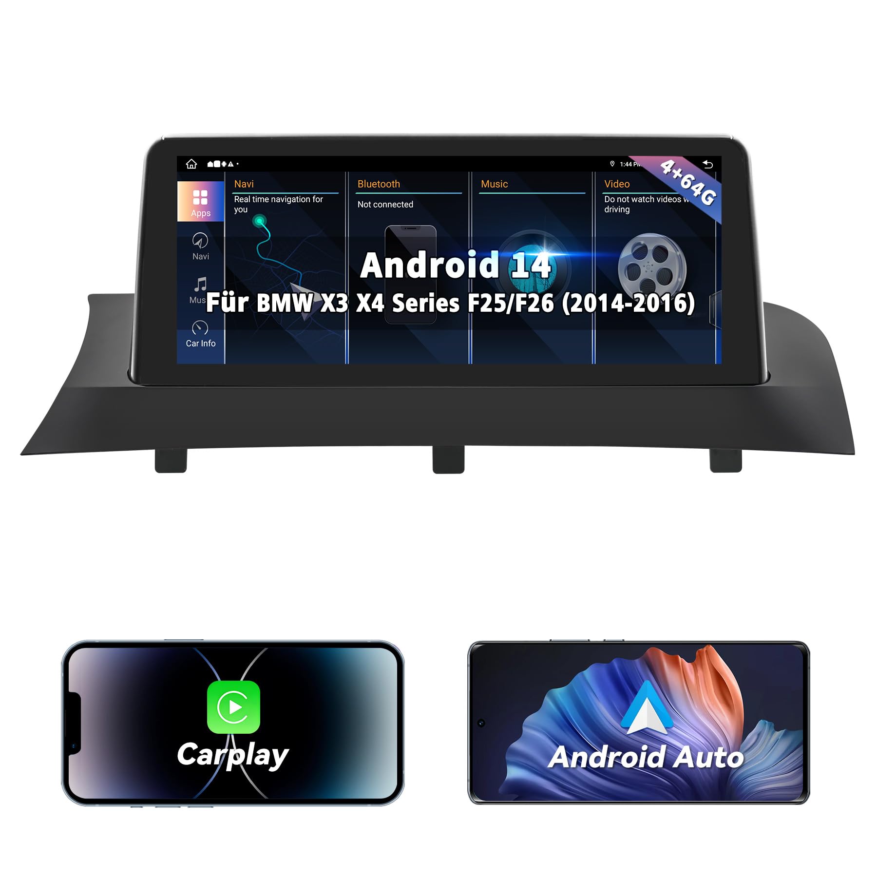 Autoradio für BMW X3/X4 F25/F26 2014–2016 NBT Sys mit CarPlay/Android Auto | Original-OEM Beibehalten, Bluetooth, Navi, FM, WLAN, DSP, Lenkradsteuerung, 4+64GB Android Auto Radio 10,25 Zoll Touchscreen