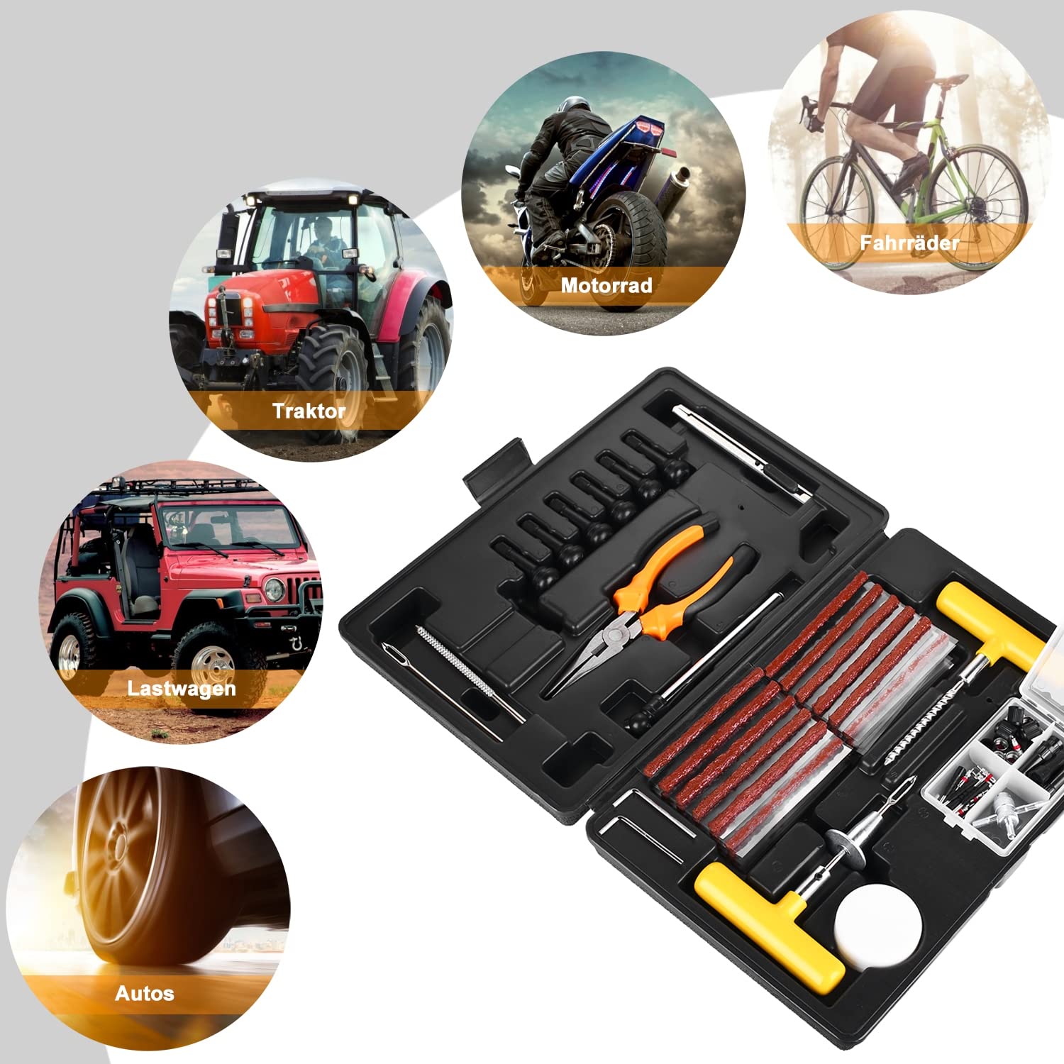 Kit Riparazione Pneumatici 100 Pezzi con Manometro Pressione, Guanti e Riparazione Rapida Chiodo per Auto Biciclette Motocicli