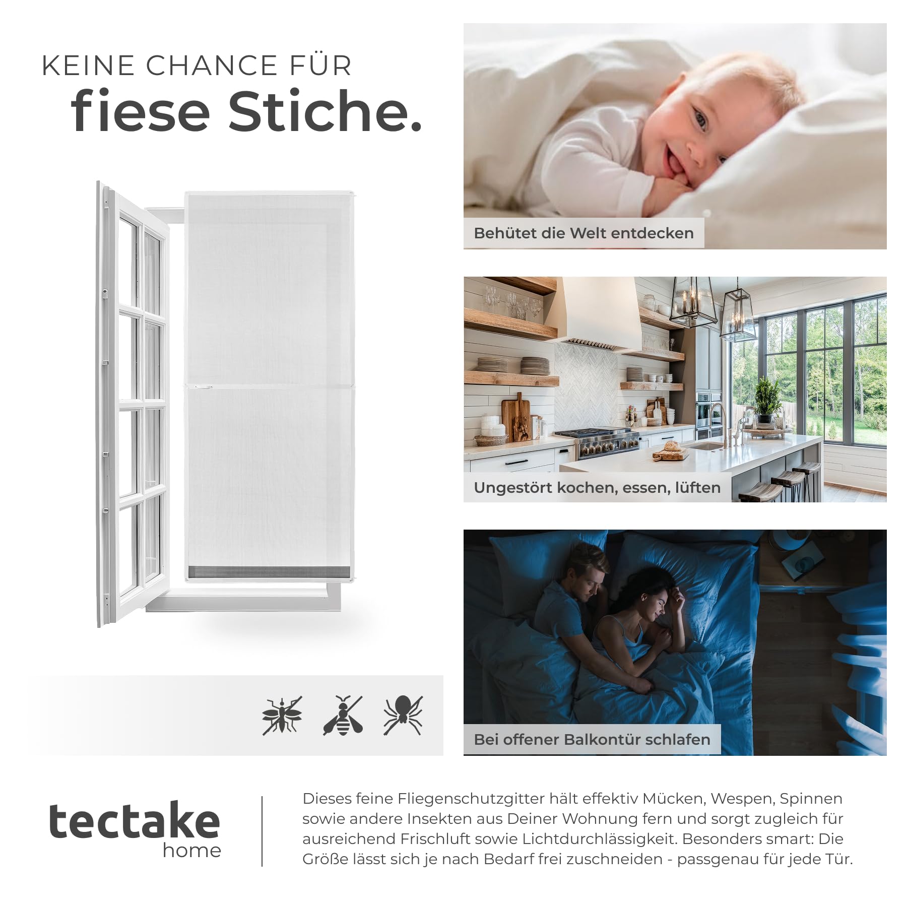 tectake® Insektenschutztür, Fliegengitter mit Aluminium Rahmen, zuschneidbarer Insektenschutz für Türen, Fliegengitter Tür, Fliegengitter Balkontür, Fliegenvorhang Terrassentür - weiß, 210x95 cm