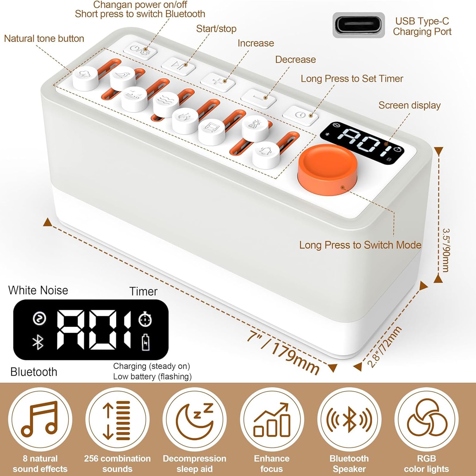 White Noise Machine, Portable Sleep Sound Machine Baby Adult Timer Sleep Aid Sound Machine 8 Nature Sounds Mixer Options Bluetooth Speaker Night Light for Sleeping Bedroom Office Travel