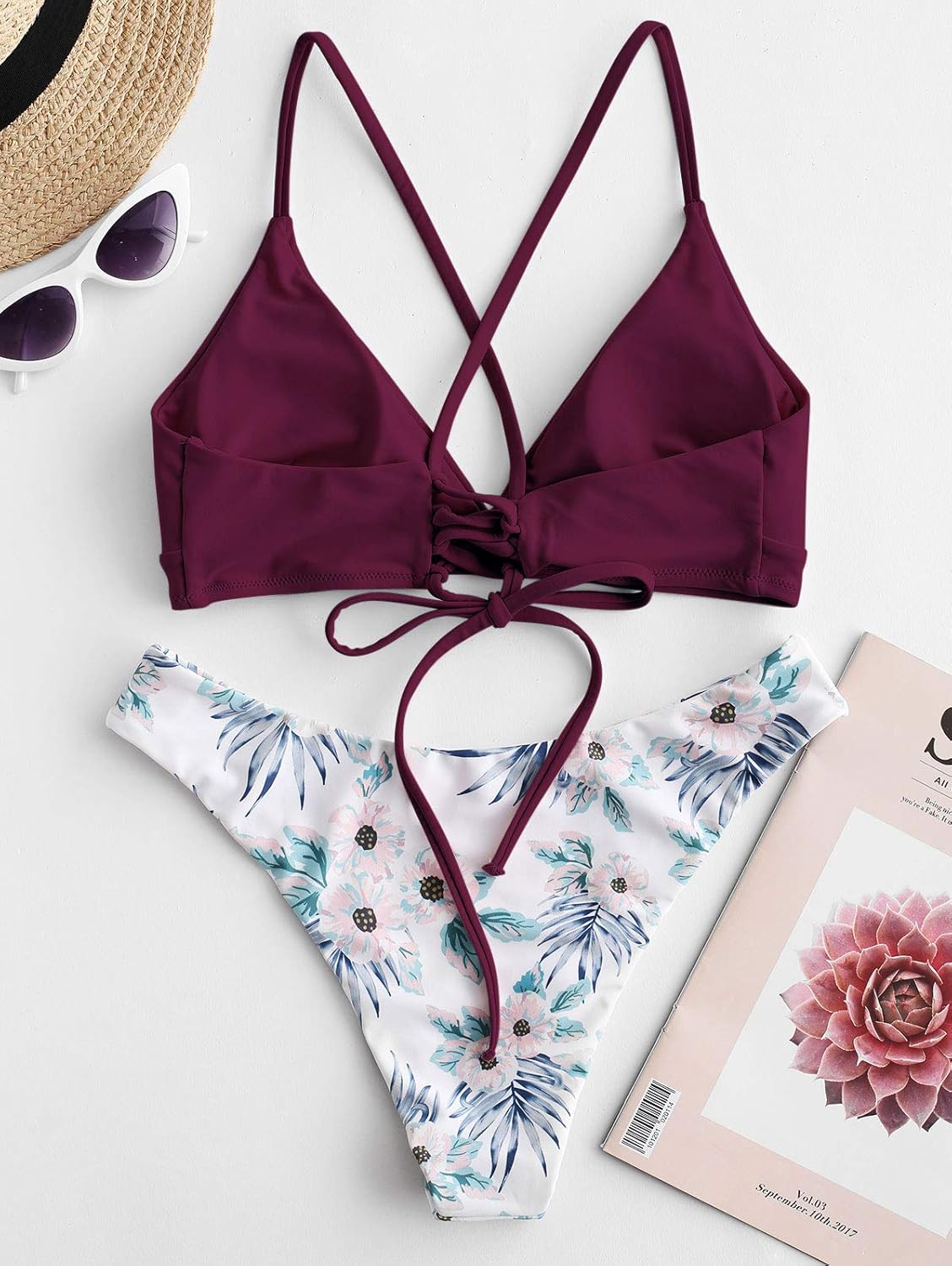 ZAFUL Women's Back Lace-up Swimsuit Flower Print Cheeky Thong Bikini (L, Flower & Purplish Red)