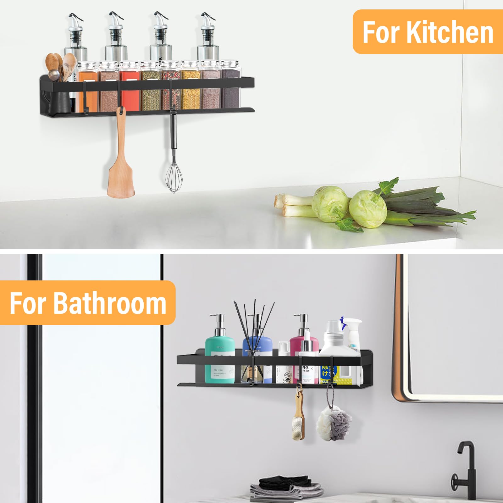 2 Pezzi Mensola Doccia senza Foratura, Mensole Bagno in Acciaio Inox con 4 Ganci, Portaoggetti Doccia, Porta Bagnoschiuma da Doccia per 2 Metodi di Installazione (Nero)