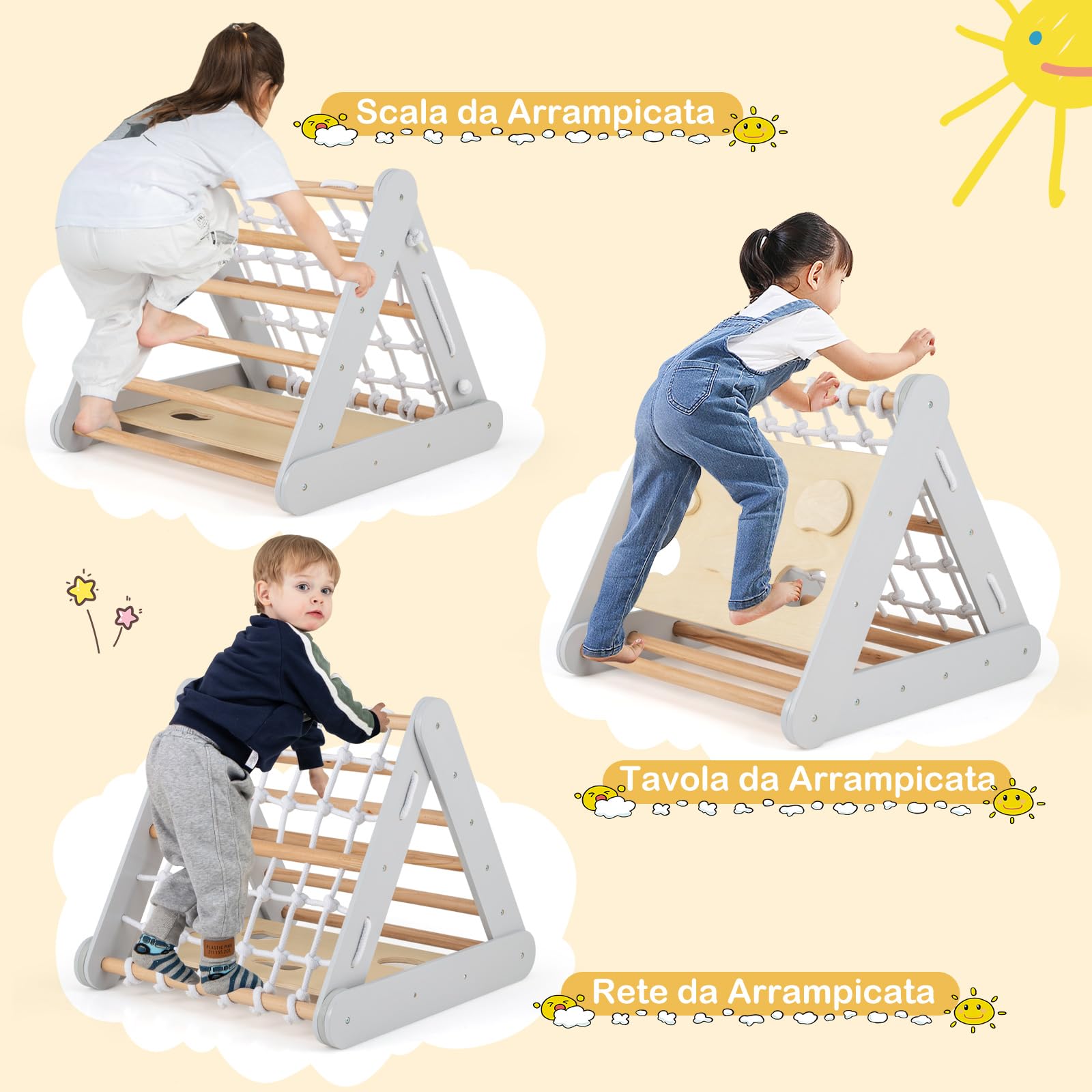 RELAX4LIFE 4 en 1 Trepa Triángulo de Madera con Rampa, Red de Escalada, Escalera y Tablero, Escalada Triángulo Infantil con Tobogán para Sala de Estar, Habitación de Niños, Guardería (Gris)