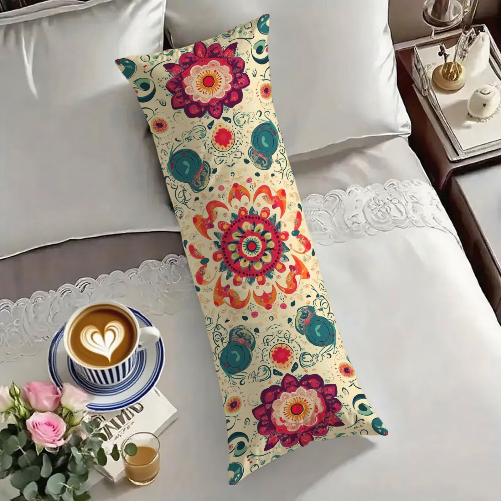 Taie traversin 140 cm crème et rouge double face velours avec zip invisible