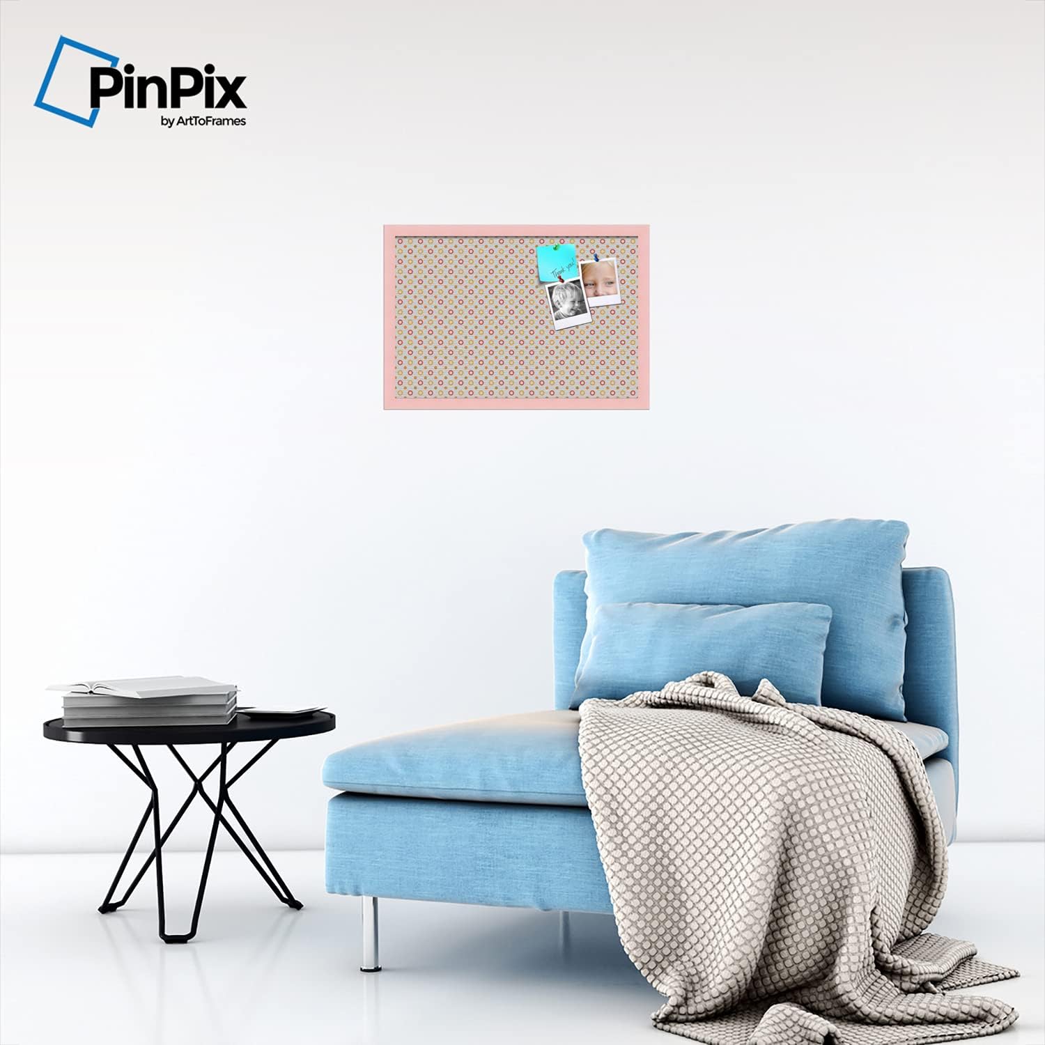 PinPix Decorative pin Cork Bulletin Board Made from Canvas, Dot Pattern Printed at 24x16 Inches and Framed in Baby Pink Stain on Beech (PinPix-340)