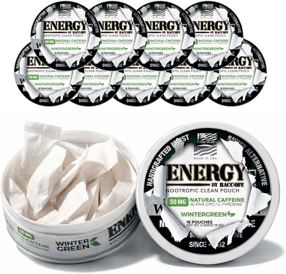 1 Can, BaccOff Energy Wintergreen Nootropic Pouches – 50mg Caffeine per Pouch, Dry Energy Pouches, 16 Pouches