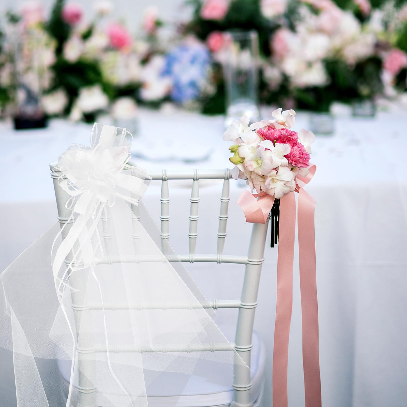 TOYANDONA Fiocco Grande per Matrimonio 12 Pezzi in Garza Bianca | Code Lunghe, per Banchi e Sedie nella Cerimonia, Adatto a Eventi All'aperto e Anniversario