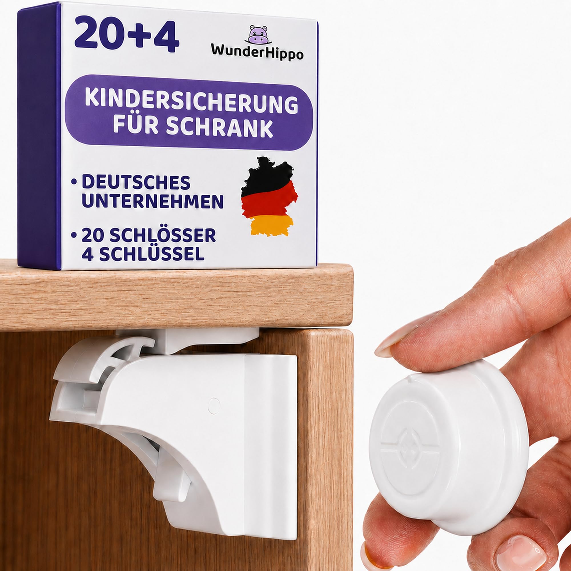 WunderHippo Magnetische Kindersicherung 20 Schlösser + 4 Schlüssel – Unsichtbarer Magnetverschluss – Schranksicherung & Schubladensicherung ohne Bohren – Weiß