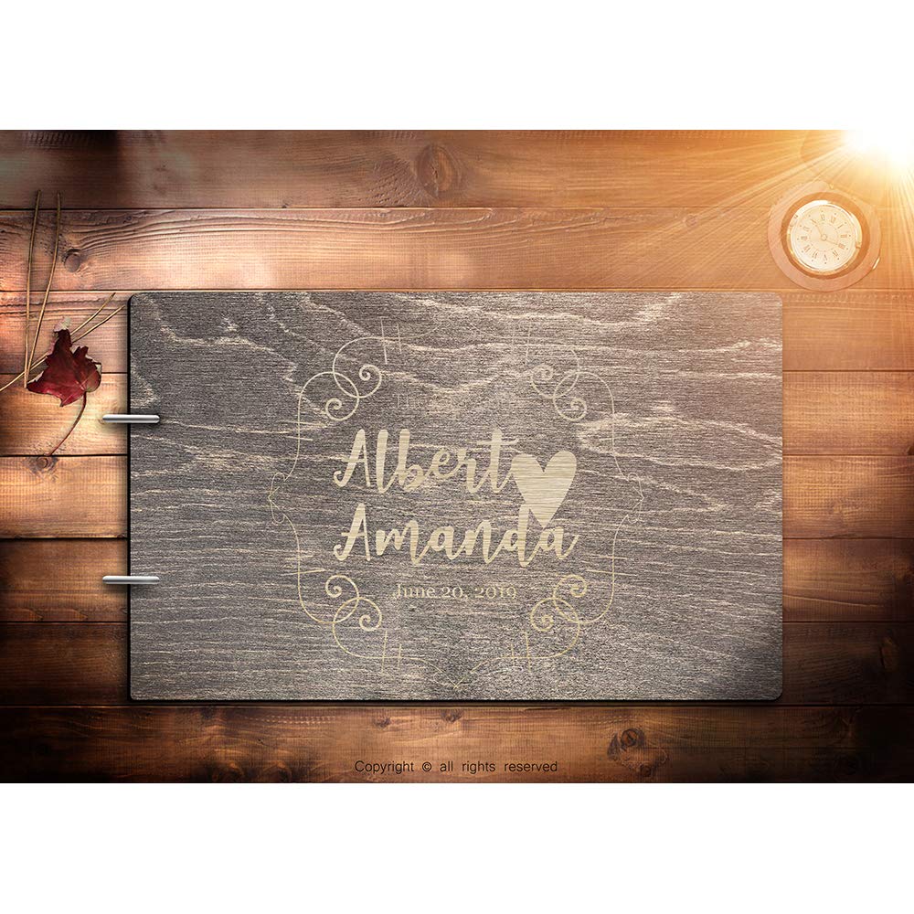 Bride and Groom Personalized Handmade Wedding Guest Book for Bride and Groom Wood Alternative Custom Engraved Newlywed Marriage Album 10 Designs to Choose from (Design 01, Black Walnut)