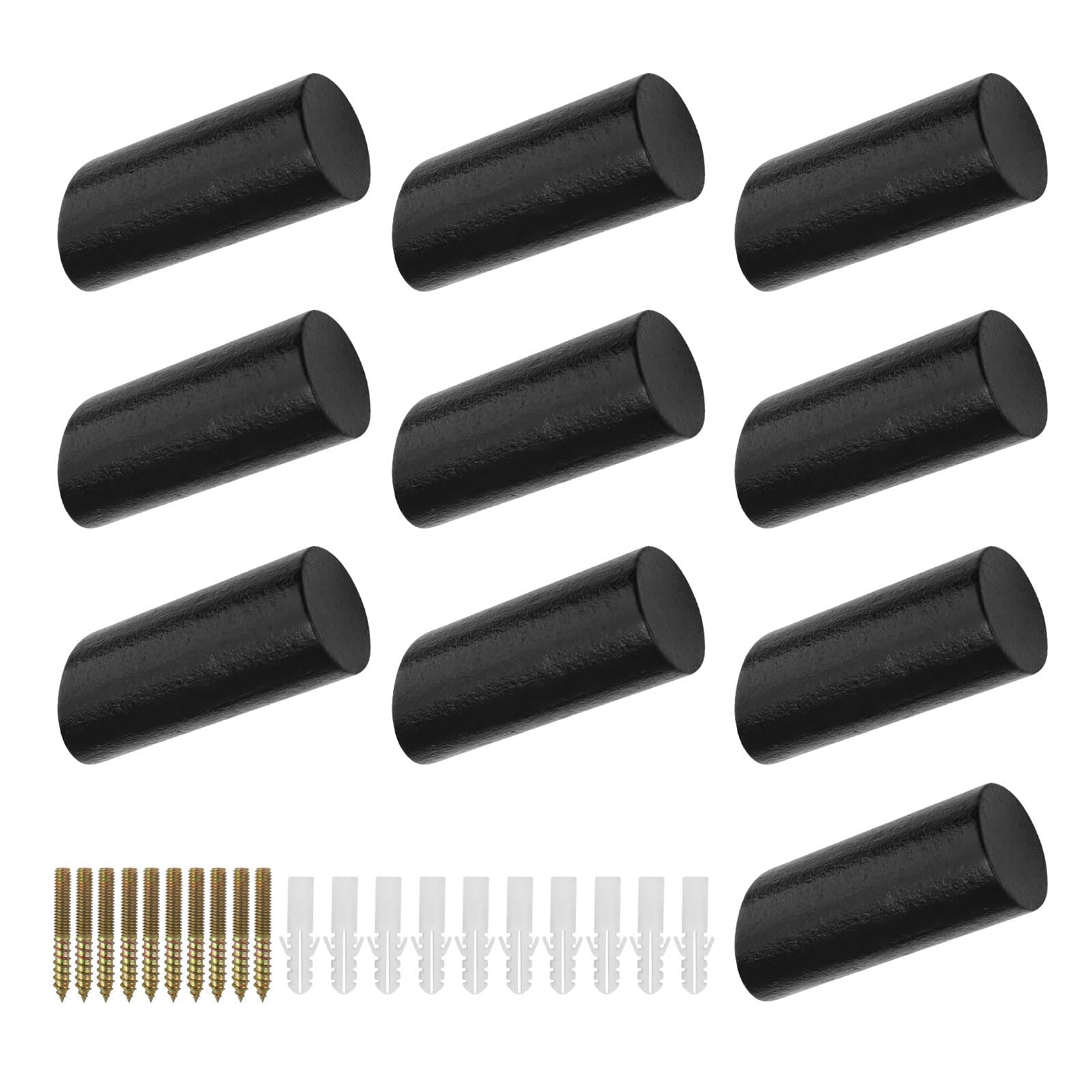 Set 10 Ganci Appendiabiti In Legno Nero – 5 Cm, Carico 10 Kg, Con Viti E Tasselli, Per Cappelli, Zaini E Sciarpe