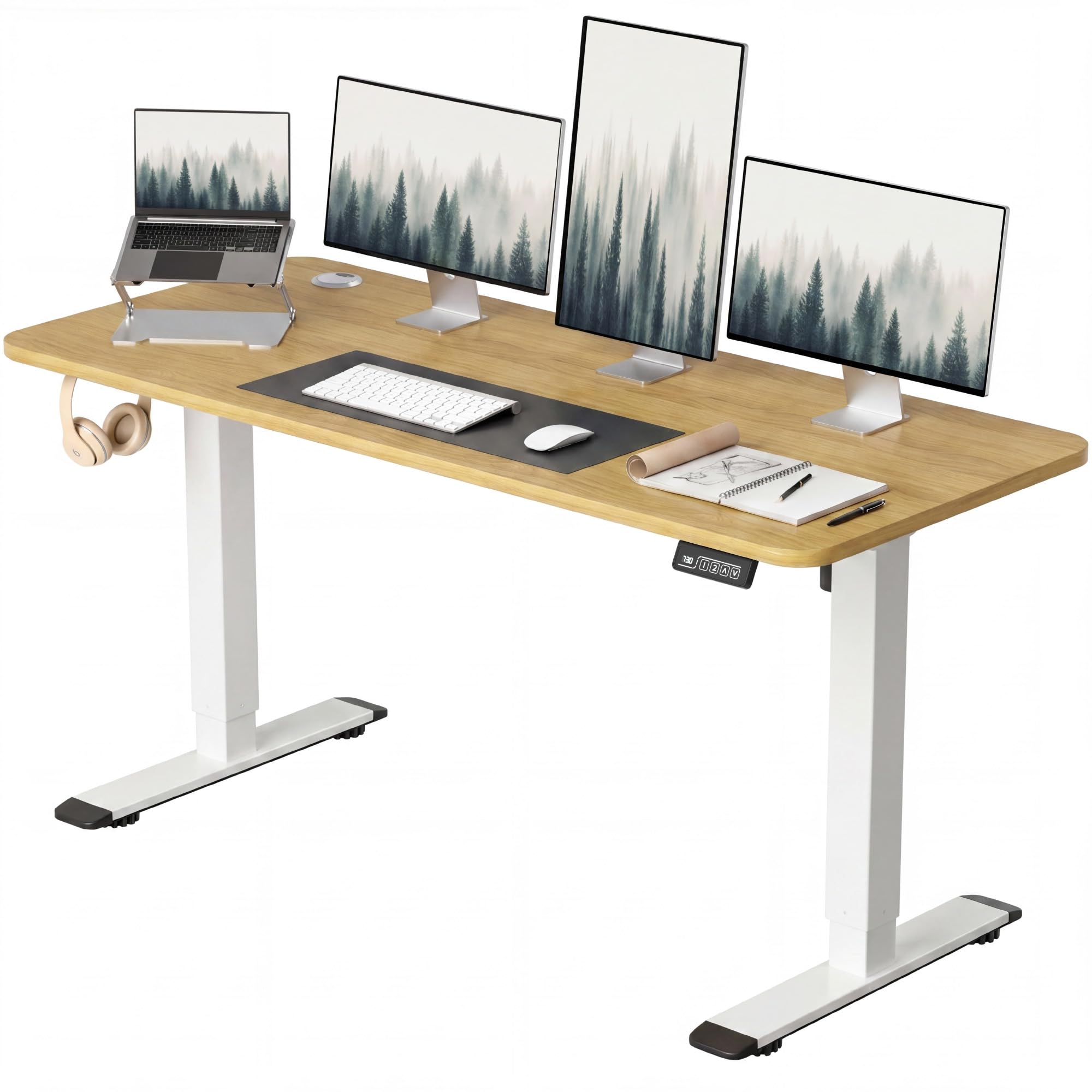 Furmax 55 Inches Electric Height Adjustable Standing Desk Home Office Desk | Large Sit Stand Up Computer Desk Memory Preset with T-Shaped Metal Bracket, Light Wood