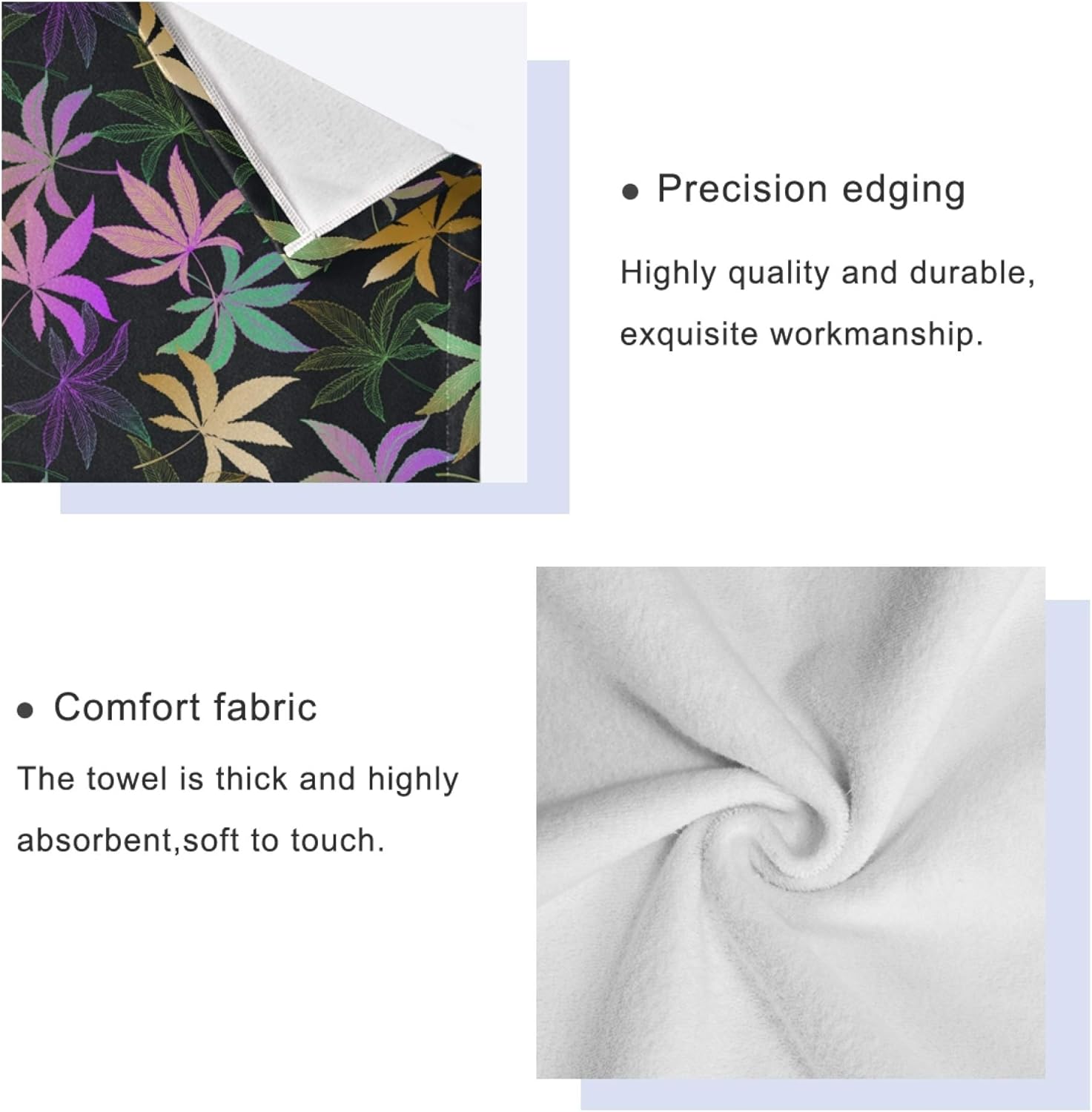 Naanle 3-Piece Towel Set,Gradient Marijuana Cannabis Hemp Leaf Pattern Purple Green Color Bath Towel Sets, 1 Bath Towel, 1 Hand Towel, 1 Washcloth, Absorbent Soft Towels Quick Drying for Bathroom