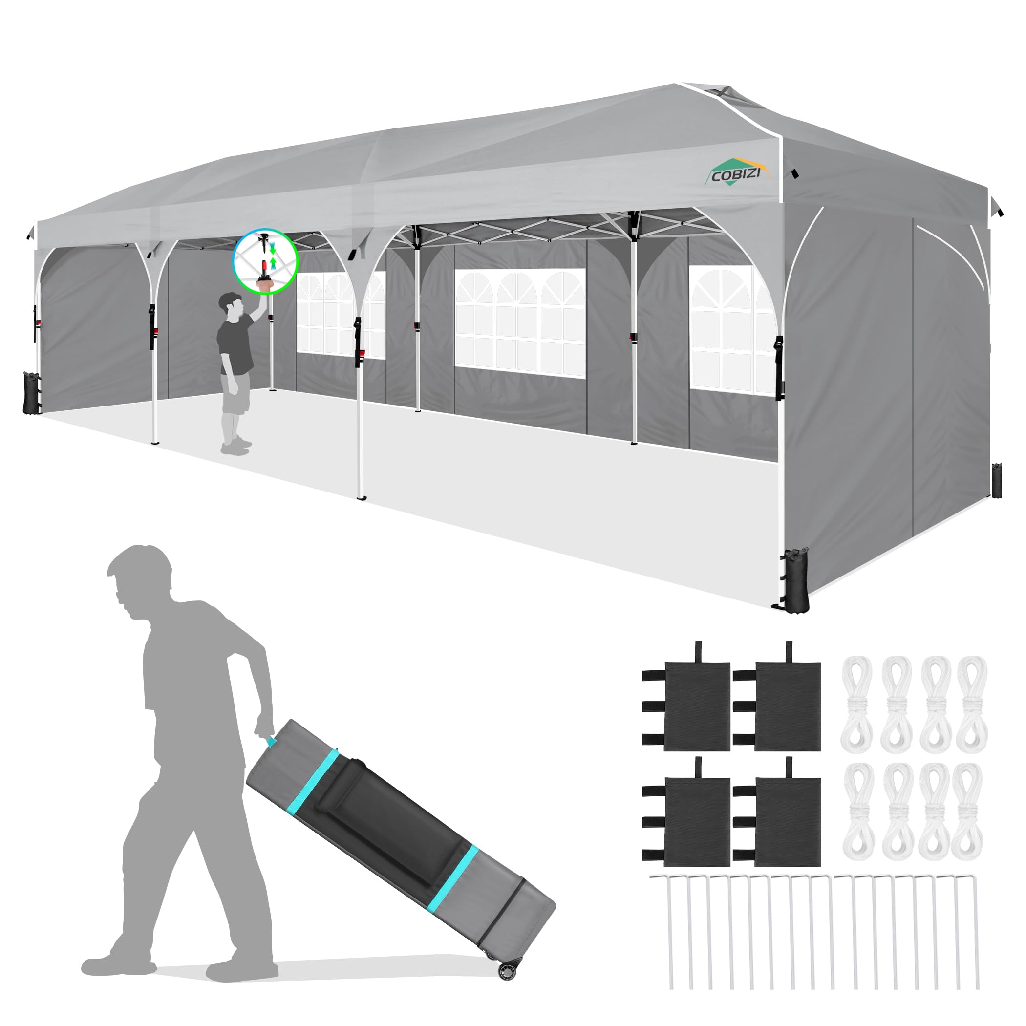 COBIZI 10x30 Party Tent: 10x30 Pop Up Canopy with Wheeled Bag - Tents for Parties with Patented Center-Lock Tech, 420D Waterproof Fabric, Easy Setup