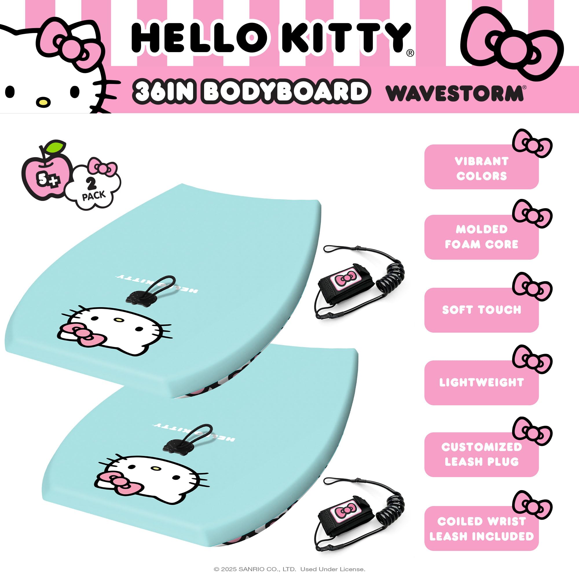 Wavestorm Hello Kitty Bodyboard, 91,4 cm, grafisches Oberdeck mit hochdichter glatter Unterseite, Schaumstoff-Konstruktion mit Zubehör, inklusive verbesserter Spiral-Leine, 2 Stück