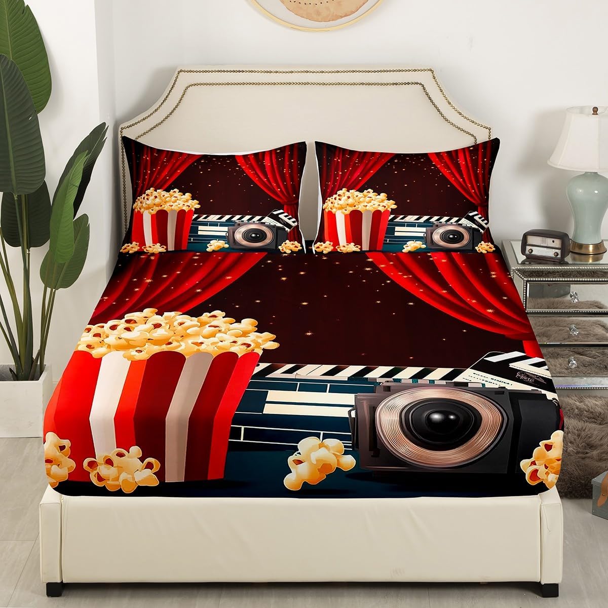 Erosebridal Movie Themed Sheet Set Queen Size Home Theater Decor Bed Sheets Set for Boys Girls Family Movie Film Sheets Film Lover Modern Fitted Sheet Vintage Theater Decor Flat Sheet image 3