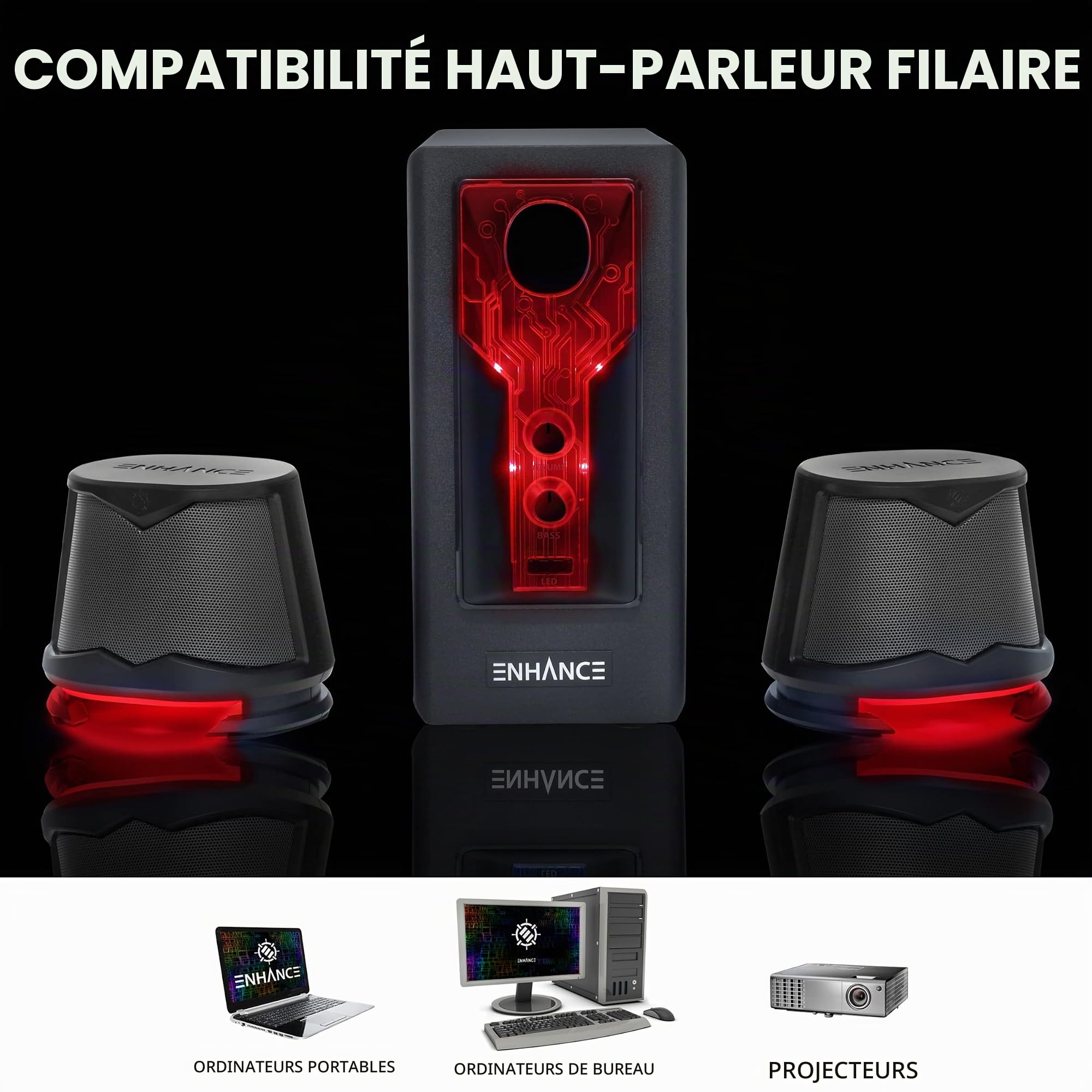 ENHANCE SB 2.1 Haut-Parleurs D'ordinateur avec Caisson de Basses - Haut-parleurs de Jeu à LED Rouge, contrôle du Volume et des Basses, Compatible avec Les PC de Jeu, Les Ordinateurs de Bureau